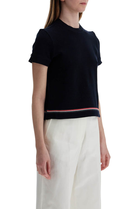 THOM BROWNE Elegant Piqué Cotton T-Shirt with Tricolor Stripe for Women - SS25