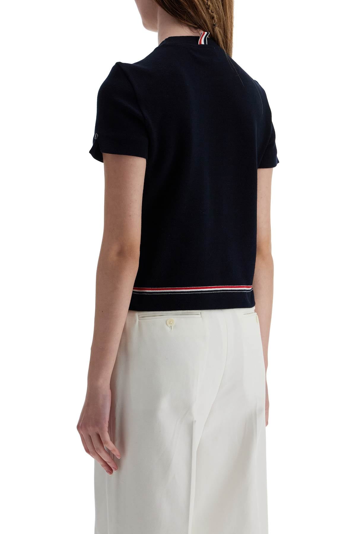 THOM BROWNE Elegant Piqué Cotton T-Shirt with Tricolor Stripe for Women - SS25