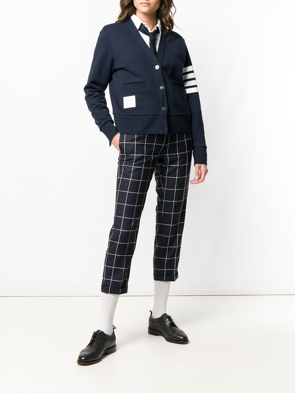 THOM BROWNE Navy Blue/White 4-Bar Stripe Cotton Cardigan for Women