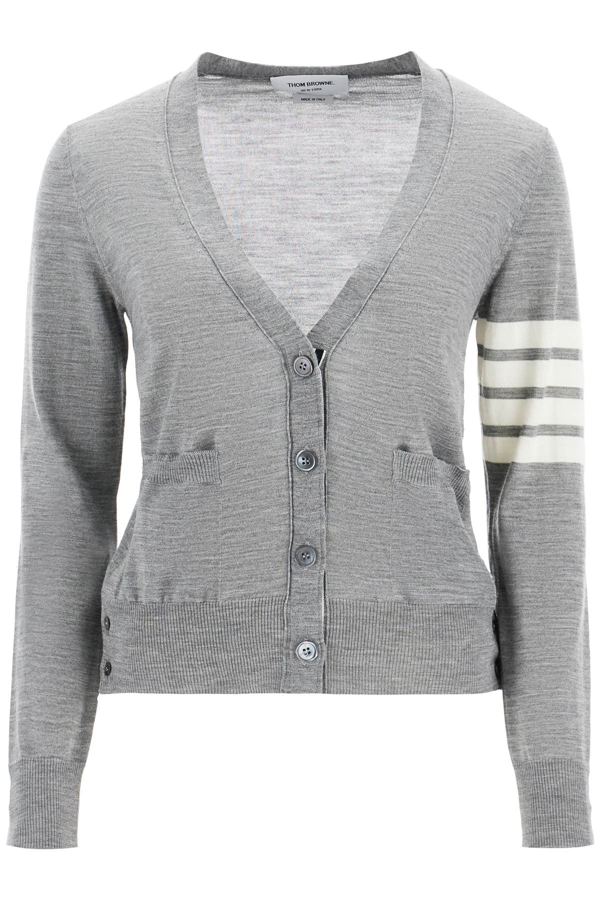 THOM BROWNE Relaxed Fit Wool Mélange Cardigan with Iconic Contrast Detail - Size IT 40