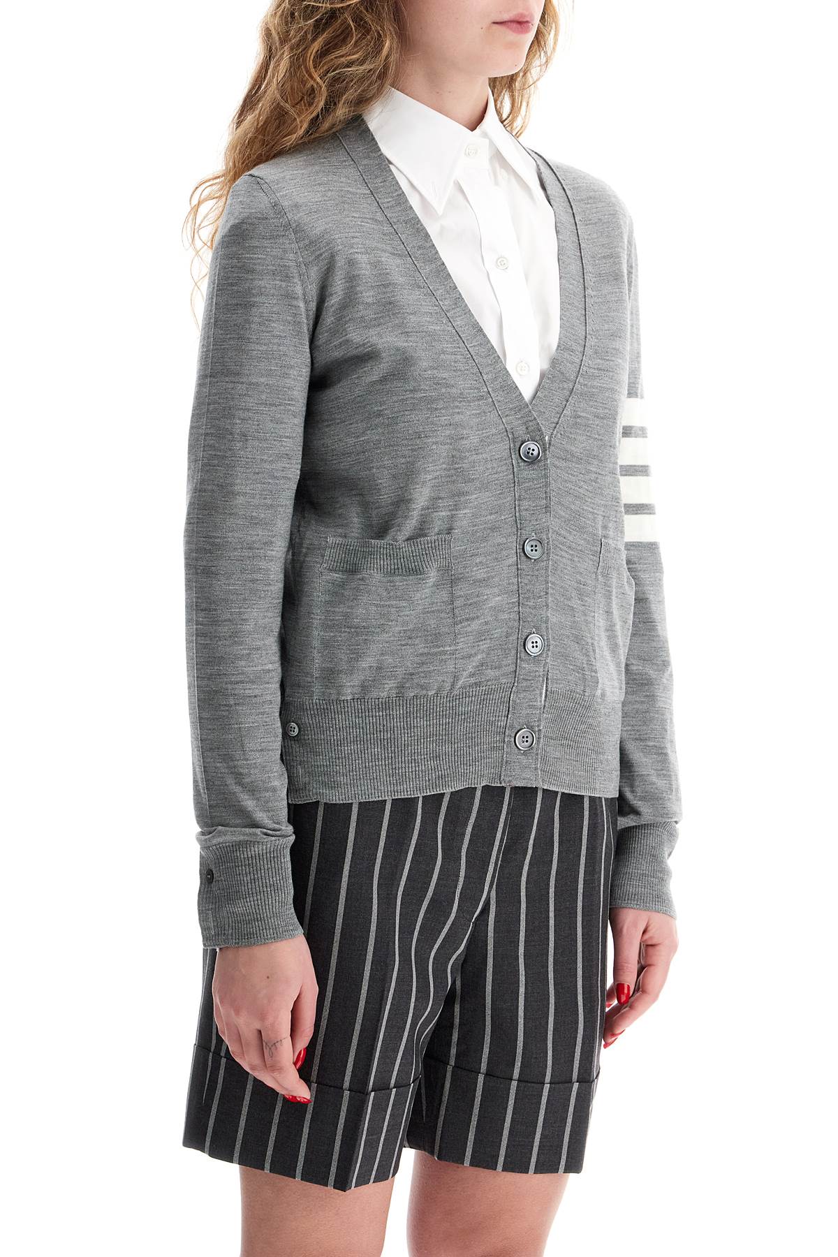 THOM BROWNE Relaxed Fit Wool Mélange Cardigan with Iconic Contrast Detail - Size IT 40