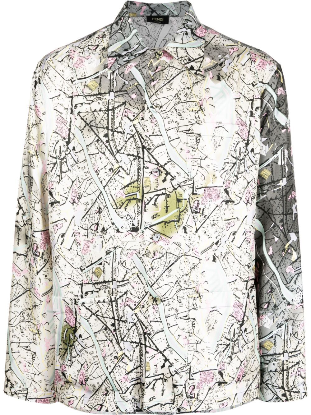 FENDI Men's Multicolor Printed Silk Shirt with Three Front Pockets and Side Slits