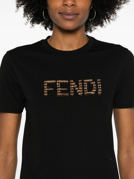 FENDI スパンコール装飾の黒いコットンTシャツ