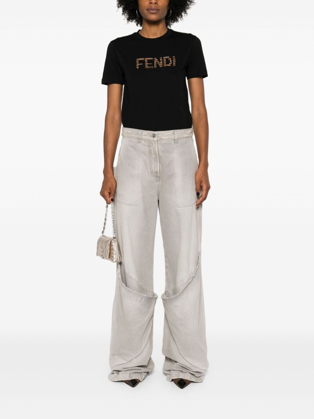 FENDI スパンコール装飾の黒いコットンTシャツ