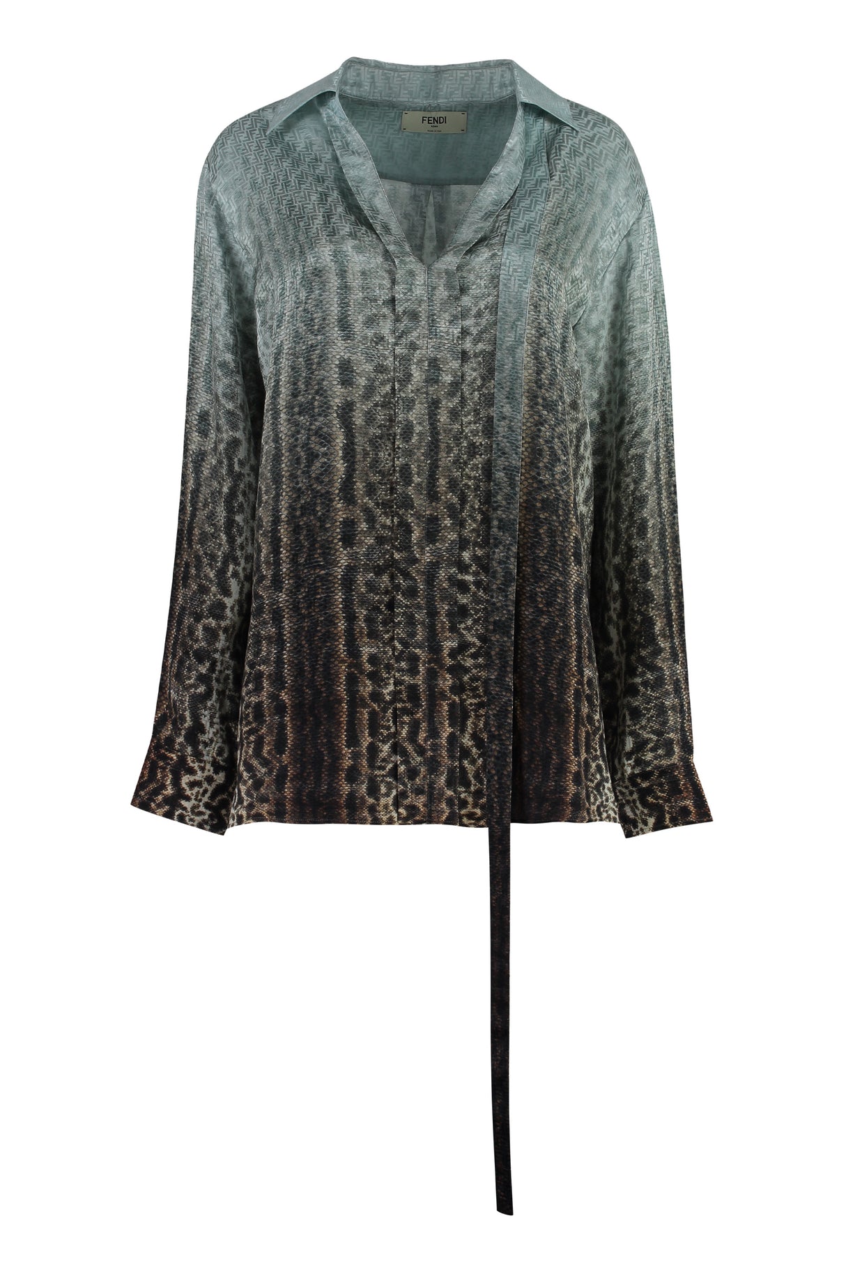 FENDI Light Blue Printed Silk Blouse with Buttoned Cuffs & Tie Neck Ribbon for Women in SS24