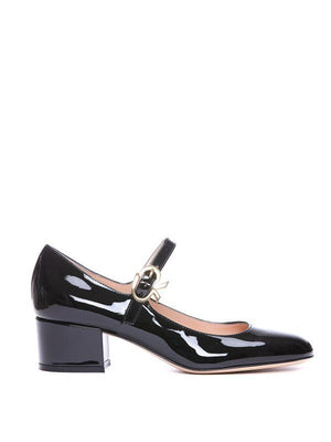 GIANVITO ROSSI Black Patent Leather Block Heel Slippers with Gold Ribbon Detail - 4.5 CM