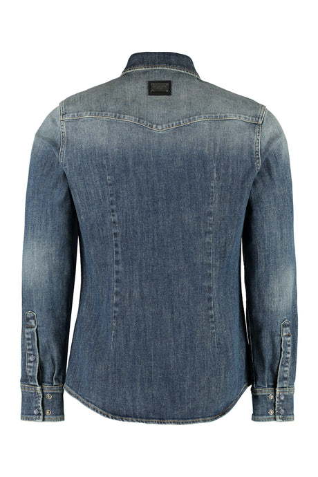 DOLCE & GABBANA Men's Collared Button-Up Denim Shirt in Blue