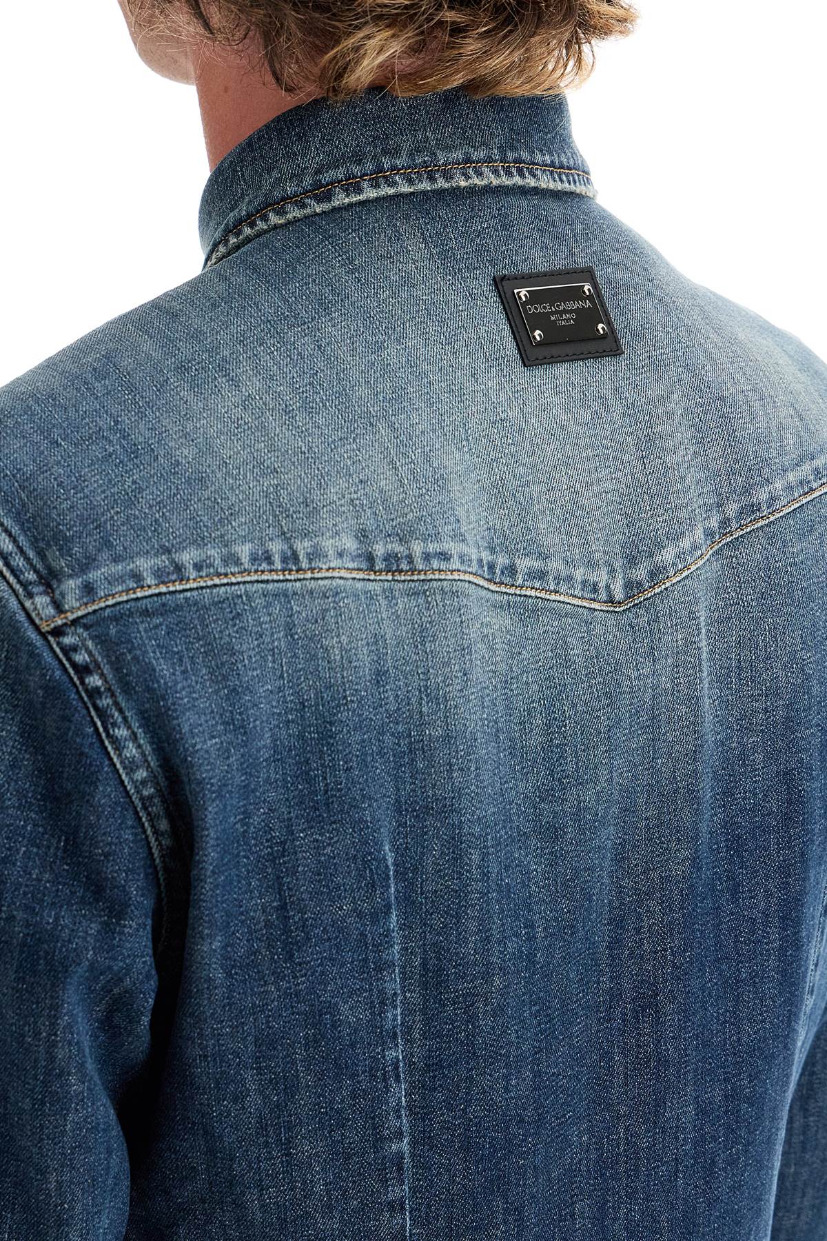 DOLCE & GABBANA Men's Collared Button-Up Denim Shirt in Blue