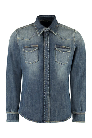 DOLCE & GABBANA Men's Collared Button-Up Denim Shirt in Blue