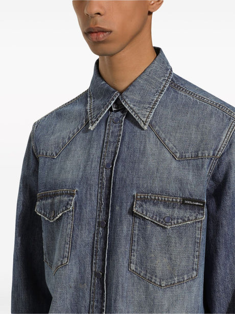 DOLCE & GABBANA Men's Classic Blue Denim Shirt with Buttoned Cuffs