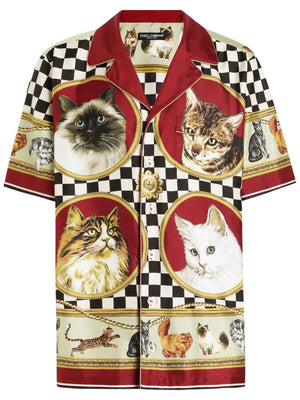 DOLCE & GABBANA Cat Print Silk Short Sleeved Shirt