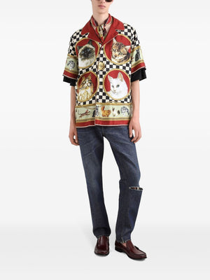 DOLCE & GABBANA Cat Print Silk Short Sleeved Shirt