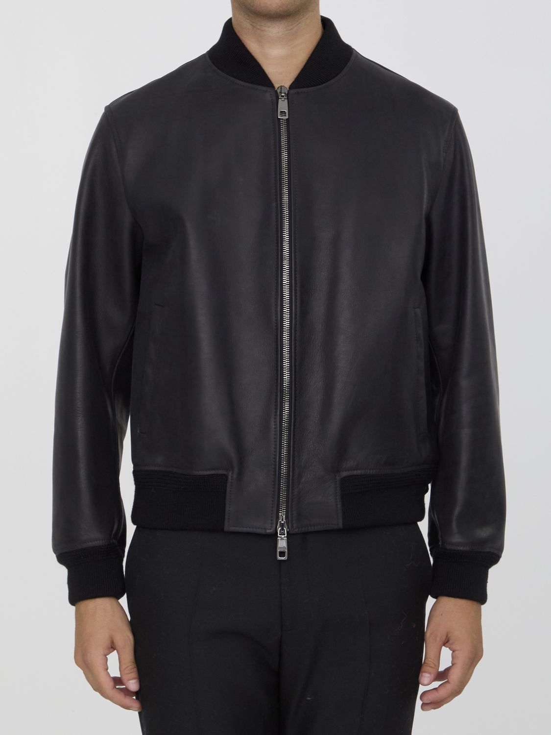 DOLCE & GABBANA Classic Leather Jacket with Embossed Logo Patch - Regular Fit