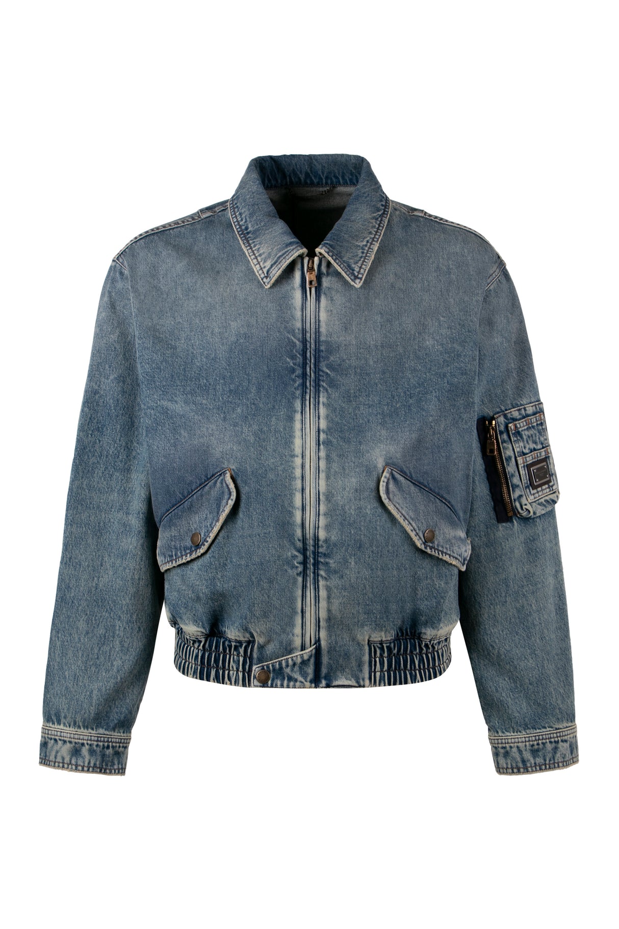 DOLCE & GABBANA Men's Denim Jacket with Logo Patch and Zipped Pocket