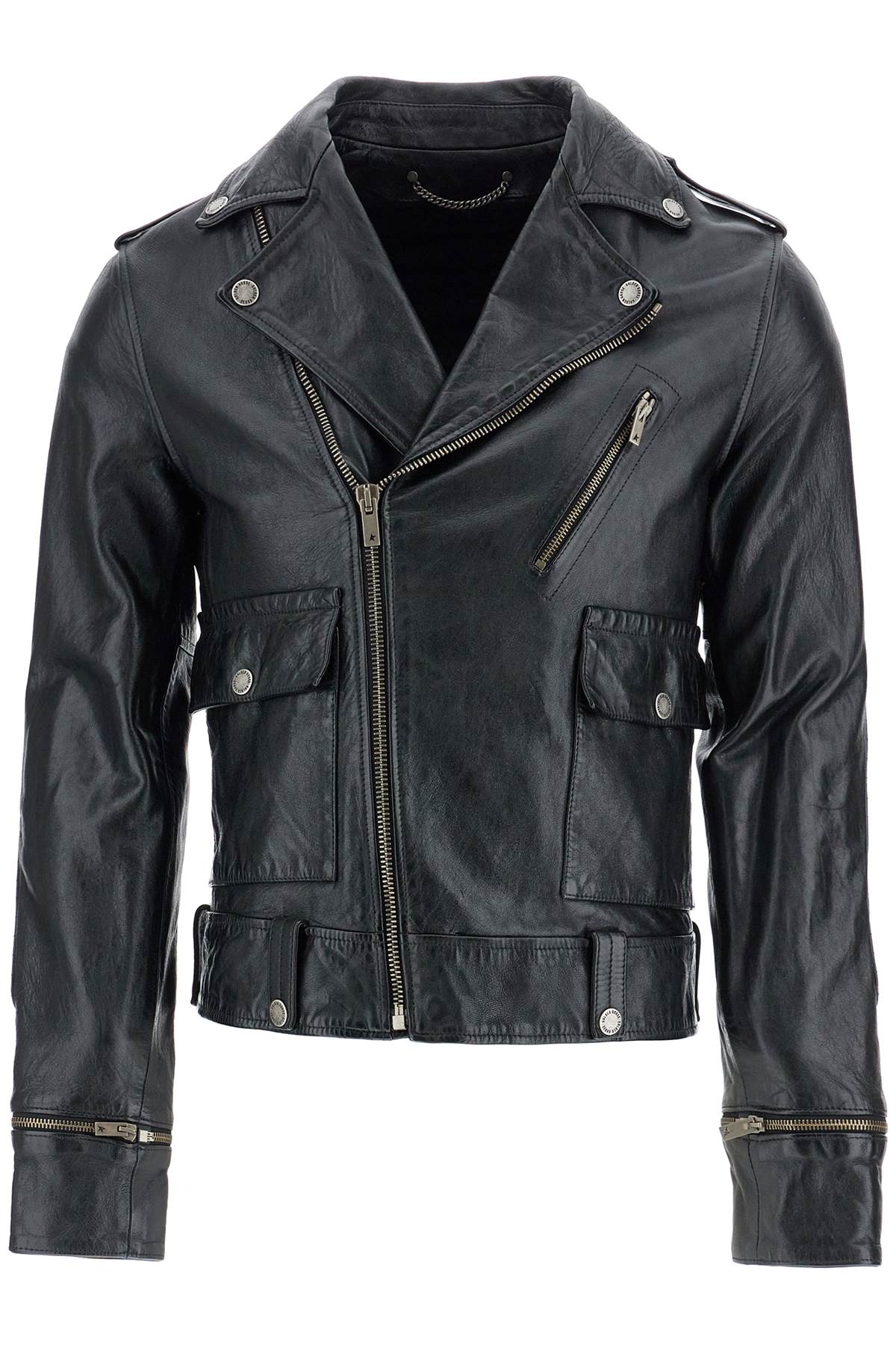 GOLDEN GOOSE Sleek Black Waxed Leather Biker Jacket