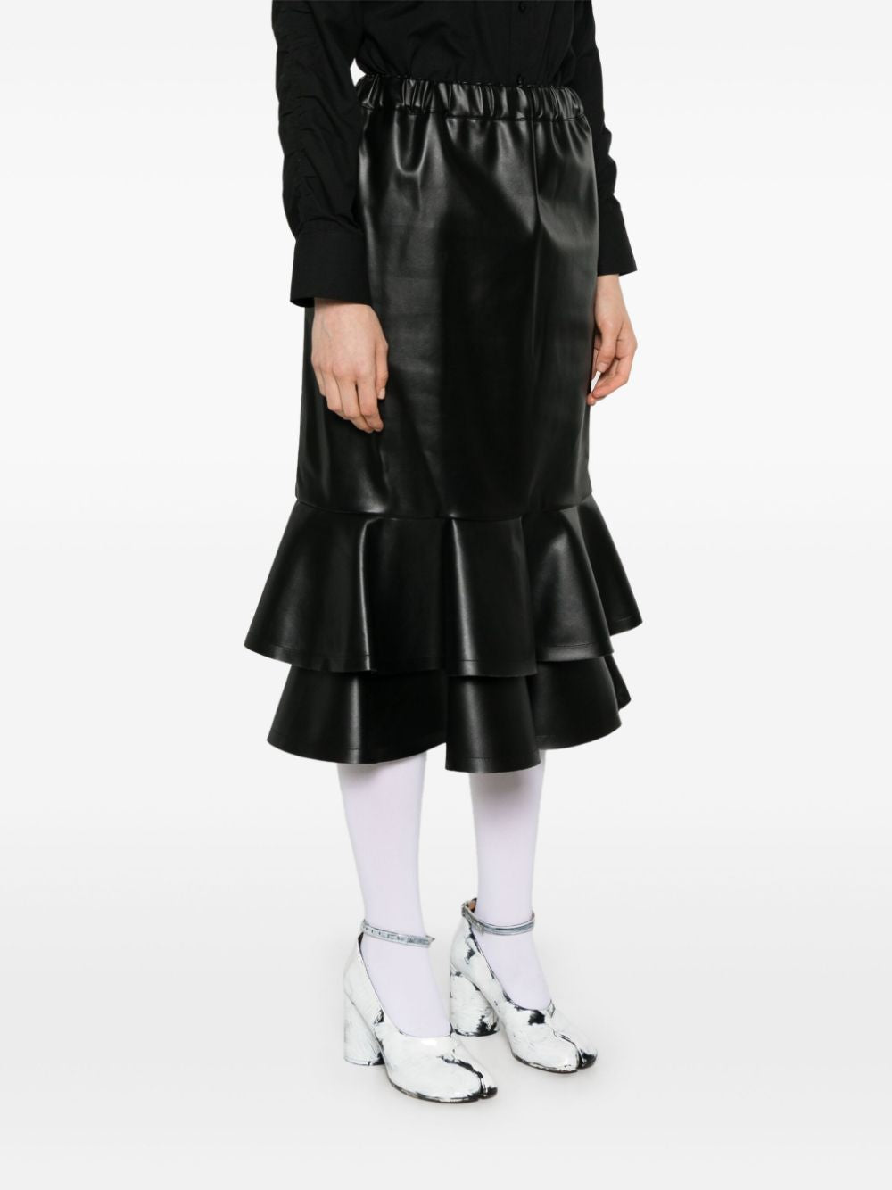 COMME DES GARÇONS Black Faux Leather Straight Cut Skirt with Ruffles and Drawstring Waist