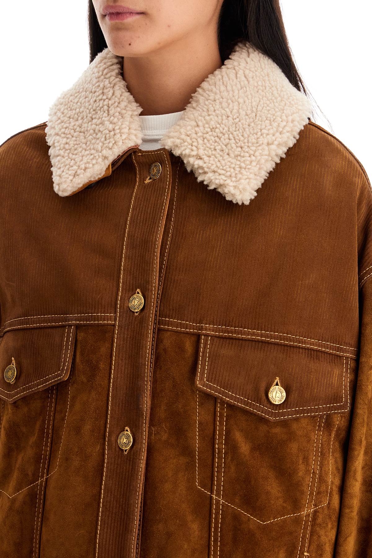 GOLDEN GOOSE Oversized Leather Jacket with Removable Shearling Insert - Size 40