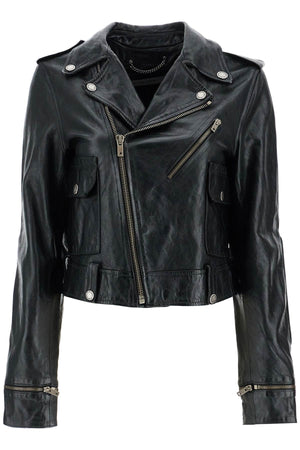 GOLDEN GOOSE Shiny Black Sheepskin Biker Jacket with Sturdy Zip for Women