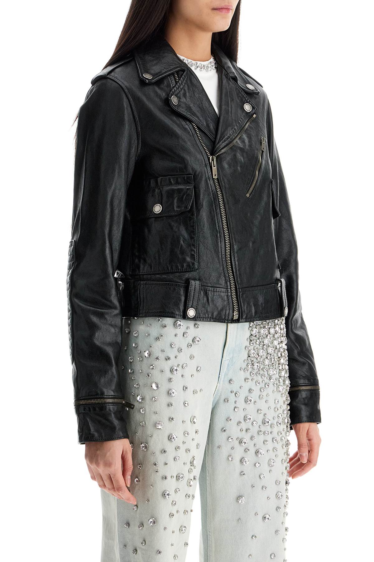 GOLDEN GOOSE Shiny Black Sheepskin Biker Jacket with Sturdy Zip for Women