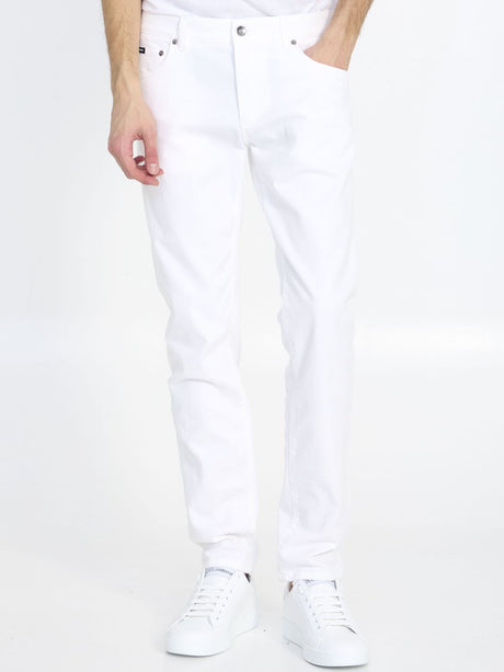 DOLCE & GABBANA White Stretch Denim Slim Fit Jeans with Zip and Button Closure