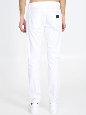 DOLCE & GABBANA White Stretch Denim Slim Fit Jeans with Zip and Button Closure