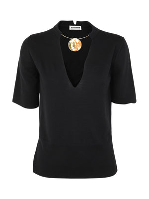 JIL SANDER Mini Crew Neck Short Sleeve Knit with Integrated Jewel Necklace