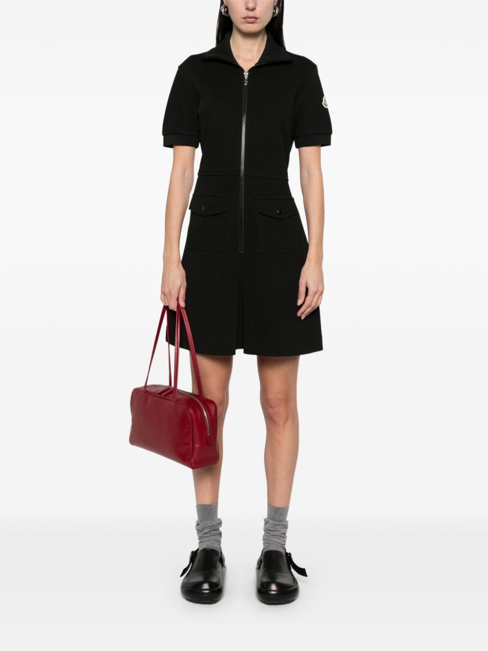 MONCLER Cotton Blend Polo Dress with Front Zip and Signature Compass Motif