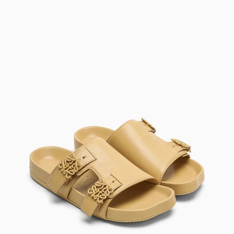 LOEWE Beige Leather Slide Sandal with Logo Buckle