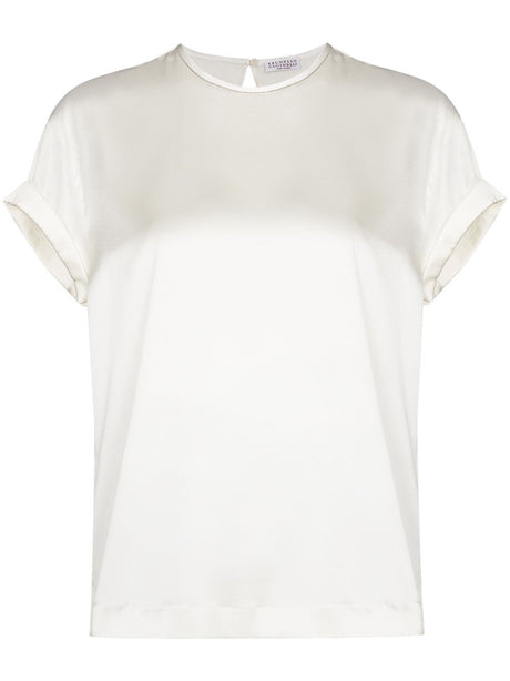 BRUNELLO CUCINELLI Silk Crew Neck Top with Keyhole Detail