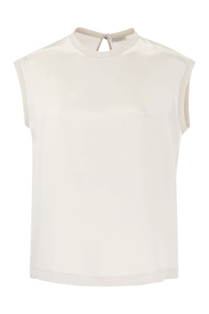 BRUNELLO CUCINELLI Silk Sleeveless V-Neck T-Shirt with Jewel Embellishments