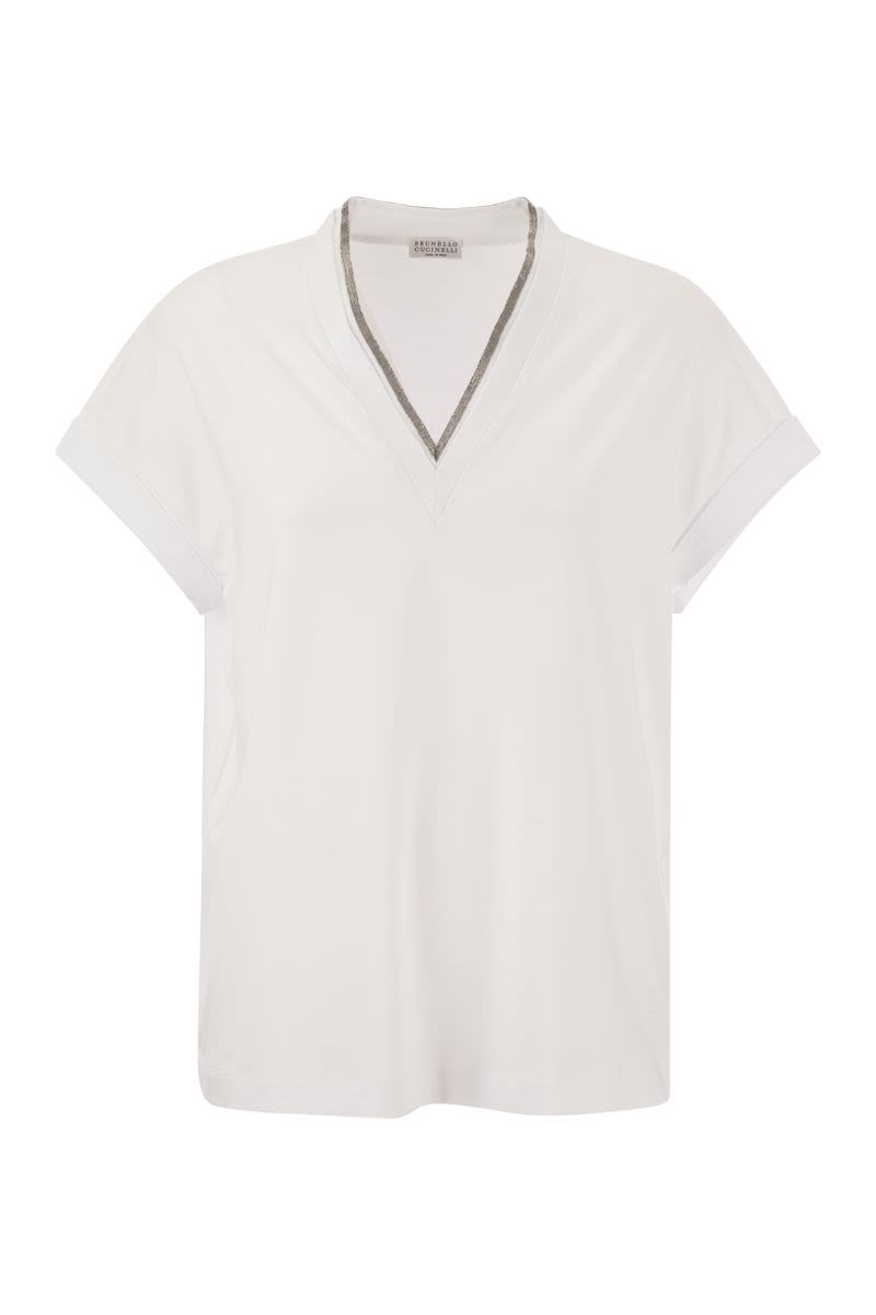 BRUNELLO CUCINELLI White Silvery Trim V-Neck Cotton T-Shirt for Women - FW23