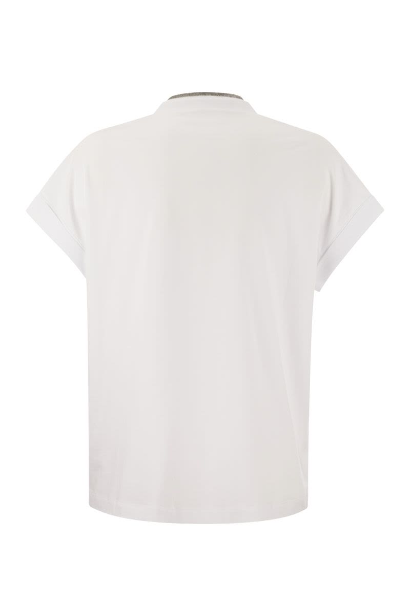 BRUNELLO CUCINELLI White Silvery Trim V-Neck Cotton T-Shirt for Women - FW23