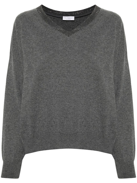 BRUNELLO CUCINELLI Cashmere V-Neck Sweater with Chain Detail