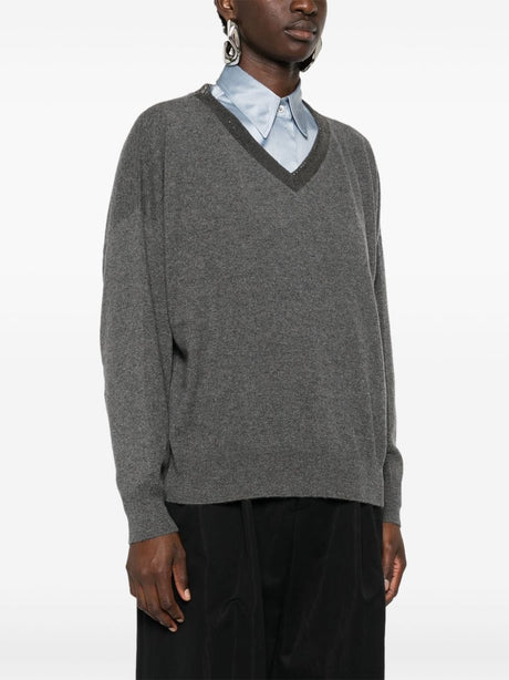 BRUNELLO CUCINELLI Cashmere V-Neck Sweater with Chain Detail