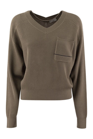 BRUNELLO CUCINELLI Elegant Cotton Rib V-Neck Sweater with Jewel Embellishment