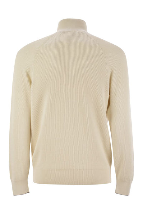 BRUNELLO CUCINELLI Lightweight Cotton Knit Sweater with Zip Opening and Raglan Sleeves