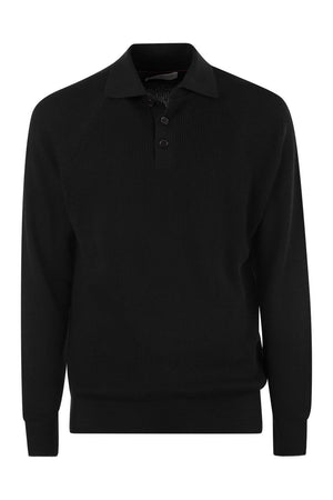 BRUNELLO CUCINELLI Classic Cotton Rib Knit Polo with Long Raglan Sleeves