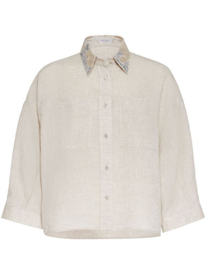 BRUNELLO CUCINELLI Oversized Linen Shirt with Dazzling Magnolia Collar