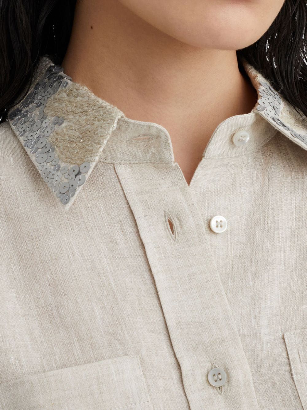 BRUNELLO CUCINELLI Oversized Linen Shirt with Dazzling Magnolia Collar