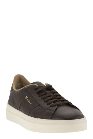 SANTONI Double Buckle Tumbled Leather Low Top Trainer