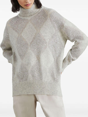 BRUNELLO CUCINELLI Light Grey Sequin Diamond Knit Sweater - Oversized Fit