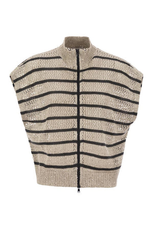 BRUNELLO CUCINELLI Dazzling Striped Net Linen Cardigan - Women's Relaxed Fit