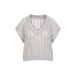 BRUNELLO CUCINELLI Linen V-Neck Top with Cap Sleeves