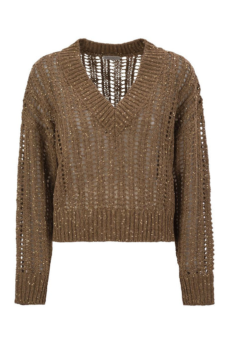 BRUNELLO CUCINELLI Silk and Linen V-Neck Sweater with Sequins