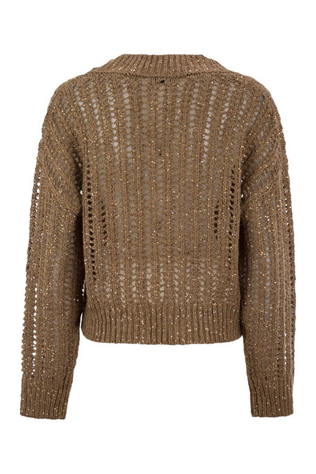 BRUNELLO CUCINELLI Silk and Linen V-Neck Sweater with Sequins