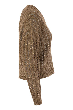 BRUNELLO CUCINELLI Silk and Linen V-Neck Sweater with Sequins