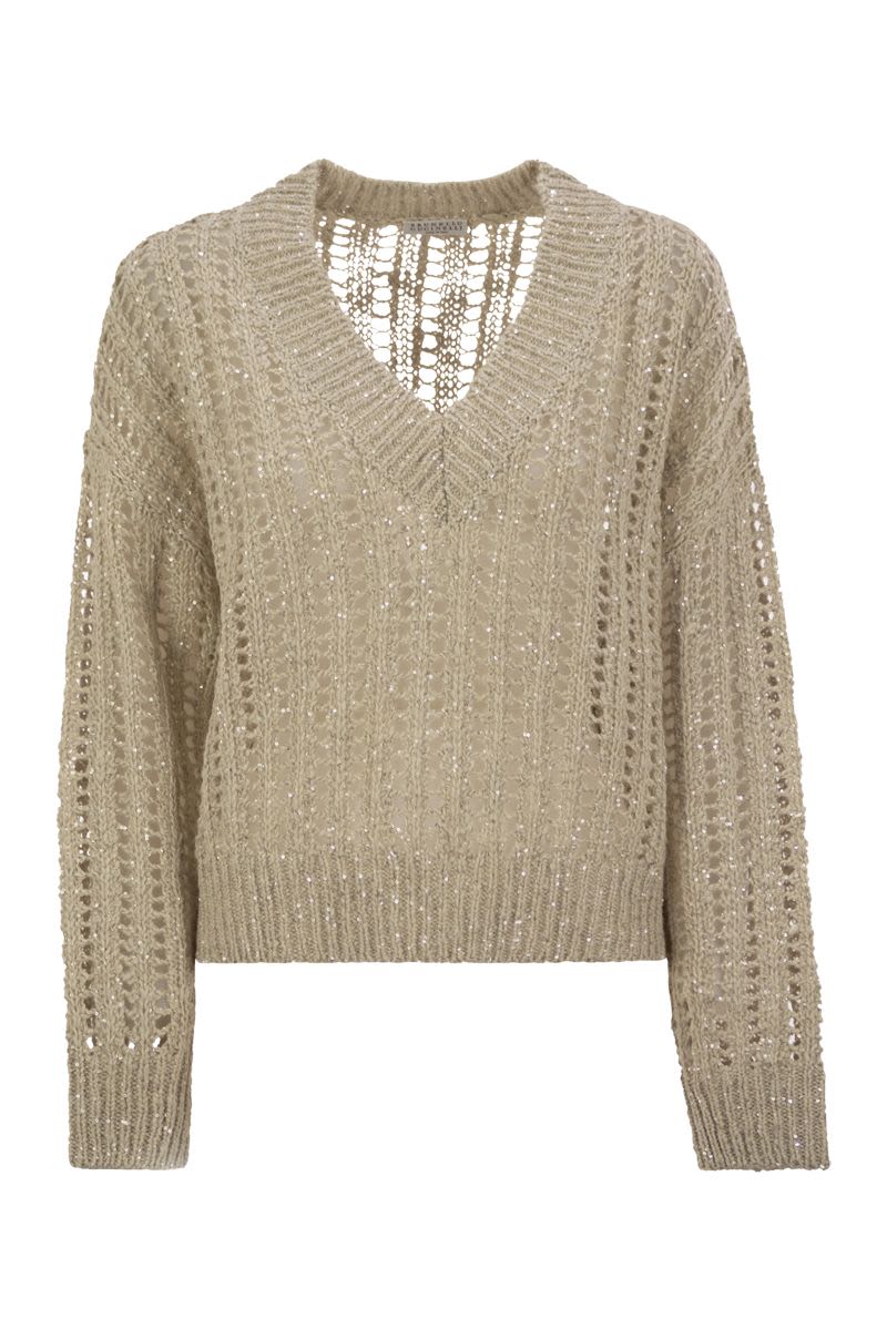 BRUNELLO CUCINELLI Silk and Linen V-Neck Sweater with Sequins