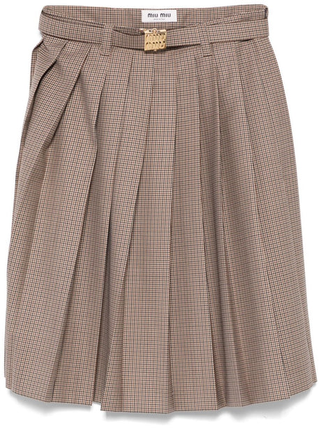 MIU MIU Beige Pleated Mini Skirt with Belt Detail