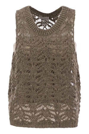 BRUNELLO CUCINELLI Foliage Lace Knit Top in Linen and Silk