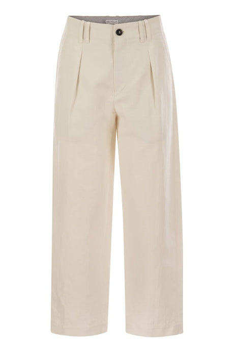 BRUNELLO CUCINELLI Women's Pleated Chino Trousers in Cotton Canvas and Linen - Cropped Silhouette